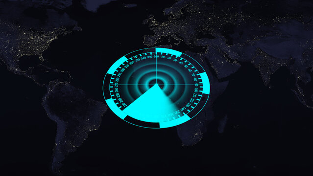 Radar screen displaying world map represents global technology tracking. Radar screen for international satellite navigation. Radar screen background for earth communication.