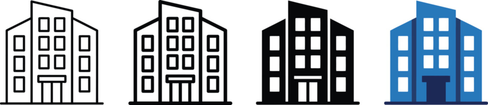 Office Building Icons Set in Outline Filled and Blue Vector Styles
