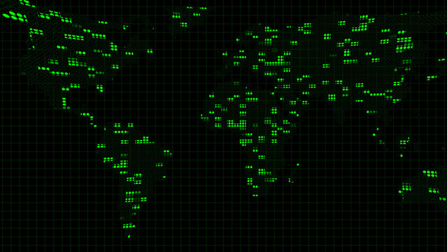 World map with glowing dots represents global network communication. World map for international technology data logistics. World map background for worldwide digital connectivity.