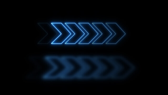 Row of glowing arrows with reflection represents neon pointer design. Row of glowing arrows for direction layout options. Row of glowing arrows background for modern graphics.