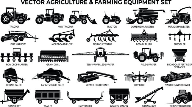 Vector agriculture and farming equipment set featuring tractor combine harvester disc harrow plow field cultivator planter sprayer baler trailer loader vector