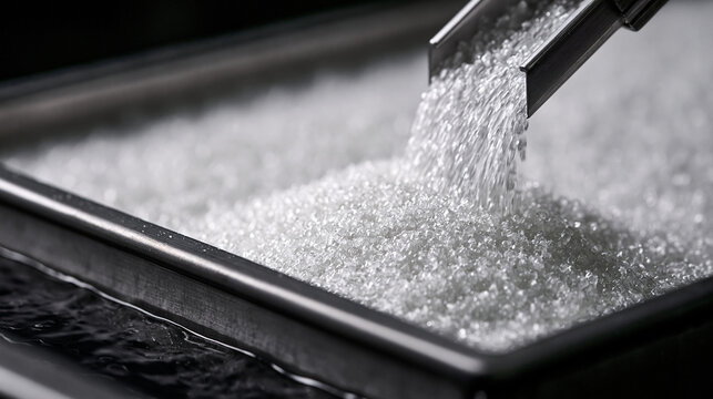 White crystalline granules pour from a metal chute into a pile. Industrial production concept for trade ads.