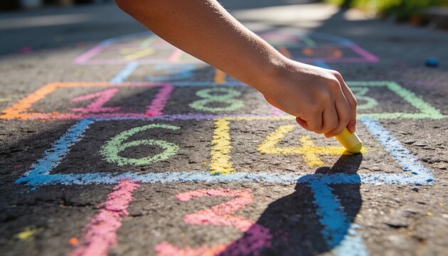 Coloring child's hand tracing number 4 on sunlit asphalt hopscotch grid, showing yellow chalk