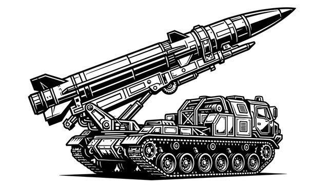 Military mobile missile launch system on tracked vehicle heavy artillery combat platform with artillery