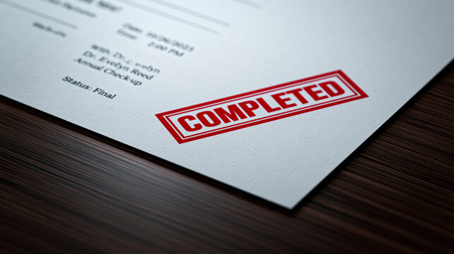 Red completed stamp on a white document on a wood desk. Finalized task concept for business ads.