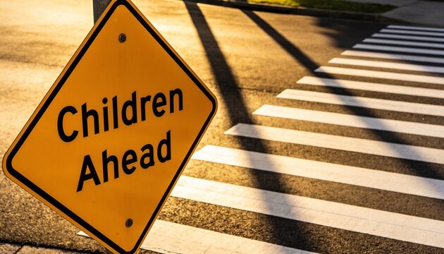 Displaying diamond sign reading Children Ahead left on street, zebra crossing shadows, copy space