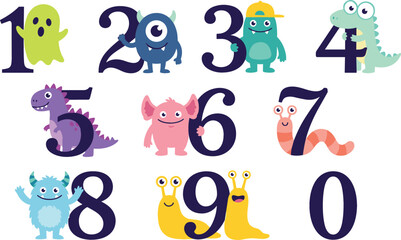 Cute cartoon monster numbers set from zero to nine with funny alien creatures, colorful math character collection for kids education, nursery vector illustration © MdSaddam