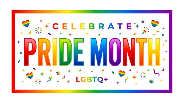 Celebrate pride month colorful text banner with heart icons and confetti for lgbtq plus equality support