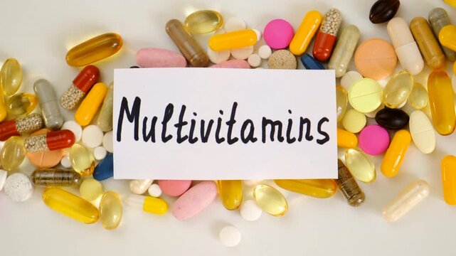 Various tablets and capsules, supplements and vitamins. Selective focus.