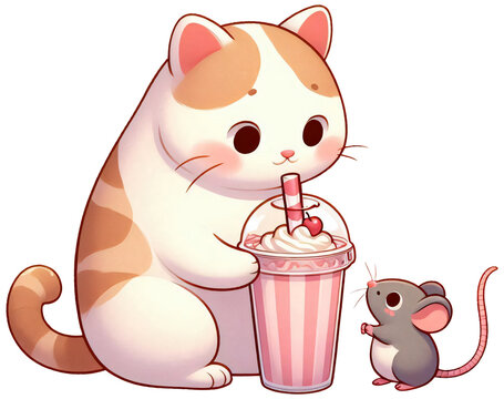 A cat sharing a milkshake with a tiny mouse friend, heartwarming cartoon style