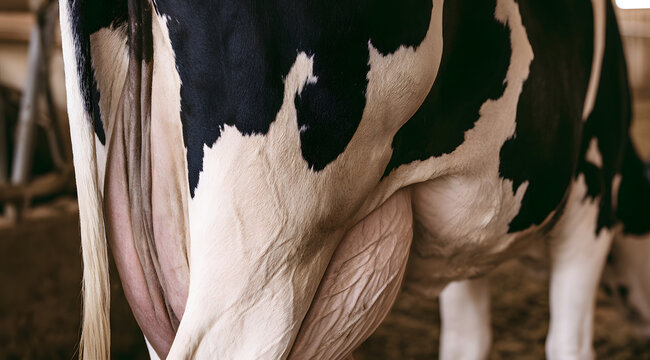 A detailed view of a prominent udder on a Holstein Friesian dairy cow, with visible veins, is seen when it is standing inside a stable barn