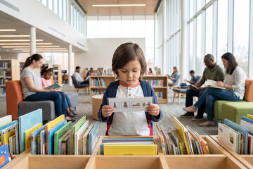 Obraz premium Child Reading Library Visual Routine Cards for Independent Study