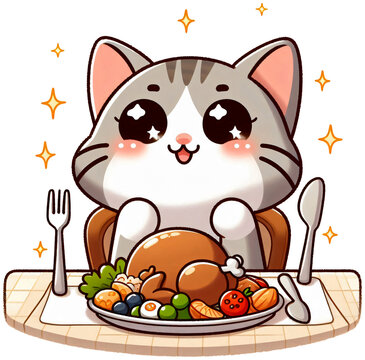 A cat sitting at a Thanksgiving dinner table with sparkling eyes and a fork, Korean cartoon style