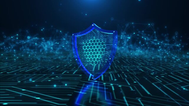 Blue secure network shield visual glowing hex pattern, digital circuit base, and connected particles. cyber defense content, privacy reports, cloud safety videos, protection ads, and motion graphics.
