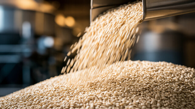 Grain pours into a pile in an industrial warehouse. Essential for food supply chain and agriculture marketing.