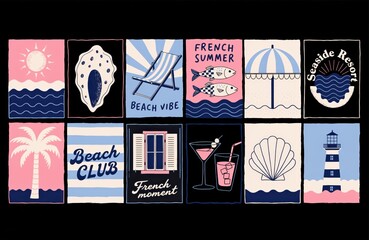 Obraz premium Vintage Summer Beach Illustration Set with Retro Coastal Elements and French Riviera Vibes for Tropical Vacation Designs
