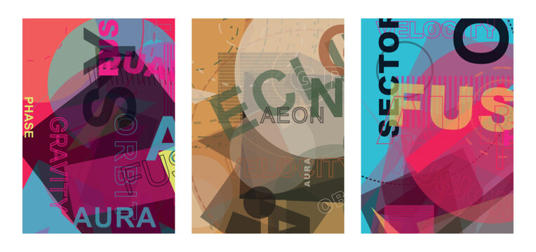 Abstract typographic poster collection featuring vintage letterpress textures and technical scientific terminology for modern design