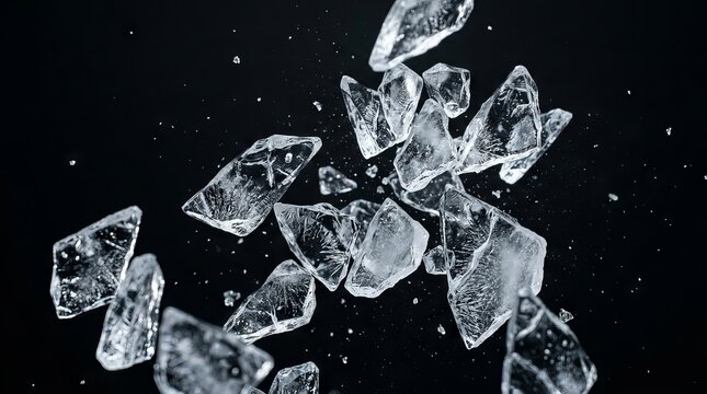 Sharp transparent ice shards suspended mid air against dark background high speed motion capture