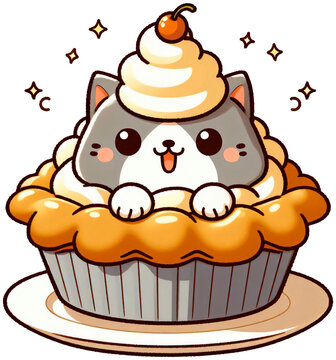 A cat sitting inside a pie dish with whipped cream on its head, Japanese funny cartoon style