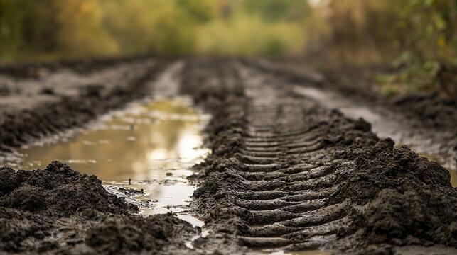 Muddy tire tracks on a wet dirt road. Concept for off-road travel and rugged terrain advertising.