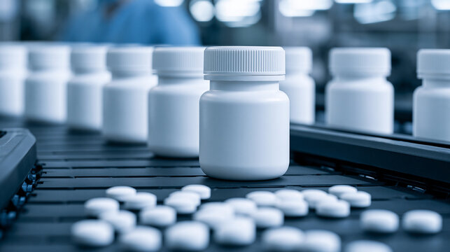 White pill bottles on a factory conveyor belt. Pharmaceutical manufacturing and drug production.