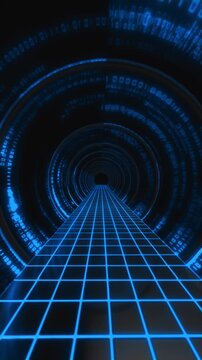 Blue data tunnel grid background circular digital rings, glowing pathway, binary textures, deep perspective. cyber travel videos, database intros, network animations, AI screens, motion overlays.
