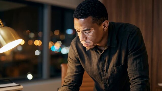 A man is reviewing documents focused on his work at a desk in an indoor setting at night. The background shows city lights through a window, creating a nighttime atmosphere