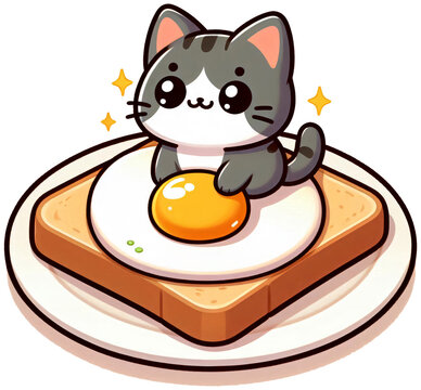 A cat sitting on top of a toast slice with a fried egg