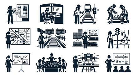 Obraz premium Railway Engineering and Operations Icons: Planning, Control, and Maintenance