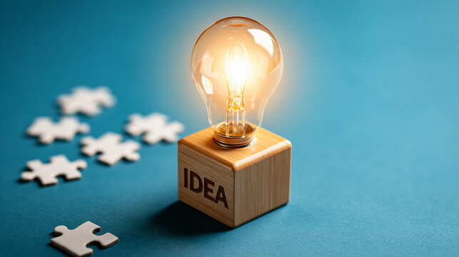 Glowing light bulb on wooden idea block with puzzle pieces. Innovation and creative problem solving concept.