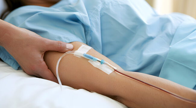 An examination bed with an adult patient having a PICC catheter is ideal for use on medical websites, brochures, and presentations.