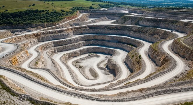 Expansive limestone quarry with winding roads and terraced excavation sites in a vast, open landscape.