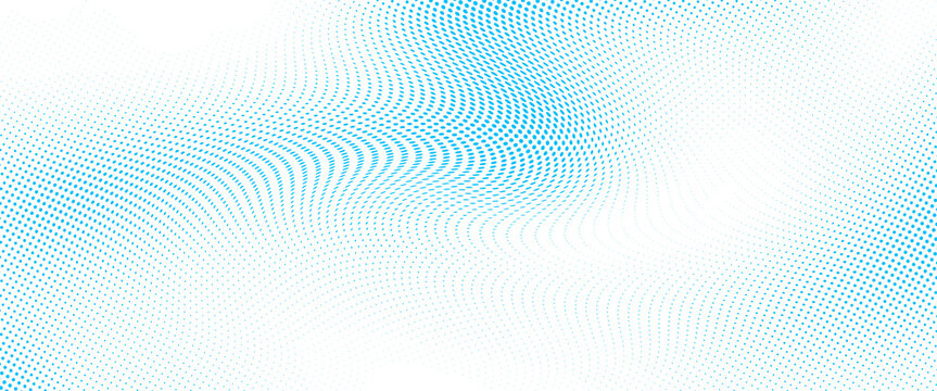 Abstract Blue Halftone Wave Dot Pattern with Dynamic Flow on Black Background