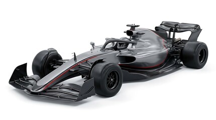 Fototapeta premium Sleek modern Formula 1 race car with a dark grey finish on a white background.