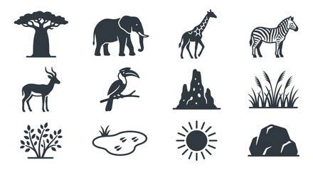 African Wildlife Icons: Baobab Tree, Elephant, Giraffe, Zebra, Savanna Nature © anshel