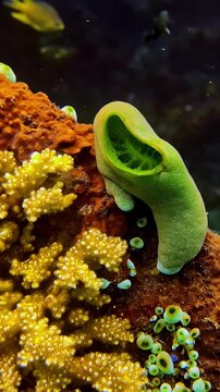 View of vibrant green tube sponge and colorful coral reef with small orange fish swimming in the clear tropical water in Bali, Indonesia.