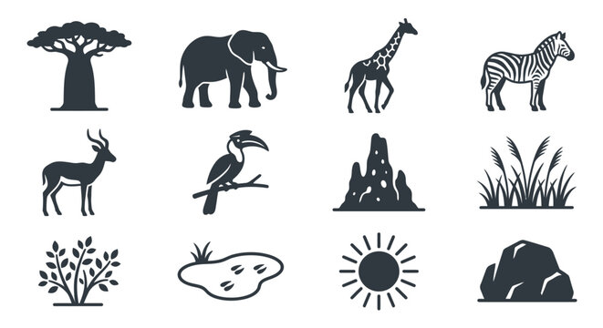 African Wildlife Icons: Baobab Tree, Elephant, Giraffe, Zebra, Savanna Nature