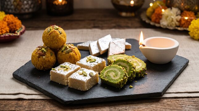 Indian sweets platter arranged on slate in festive home environment macro shot for food marketing