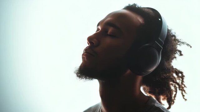 Portrait of a relaxed young man listening to music with headphones, eyes closed in peaceful enjoyment. The image conveys tranquility, modernity, and the joy of personal audio moments