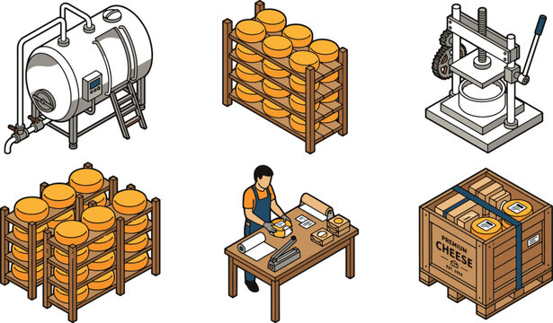 Isometric Cheese Production Equipment Set Vector Milk Tank Aging Rack Press Worker Crate Icon Collection