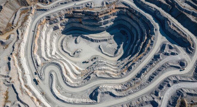 Expansive Open Pit Granite Quarry with Winding Roads and Terraced Layers Viewed From Above