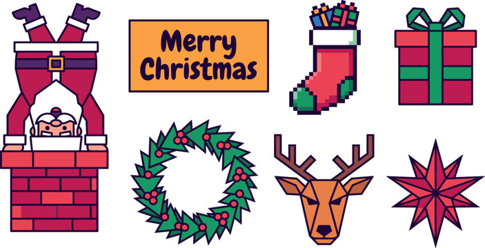 Christmas pixel art and geometric icons set vector illustration featuring stuck Santa reindeer wreath and gift boxes