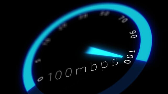 Futuristic bandwidth speedometer cyan arc, glowing needle, dark interface, performance gauge detail. connection , internet service promos, streaming videos, dashboard graphics, network ads tech motion