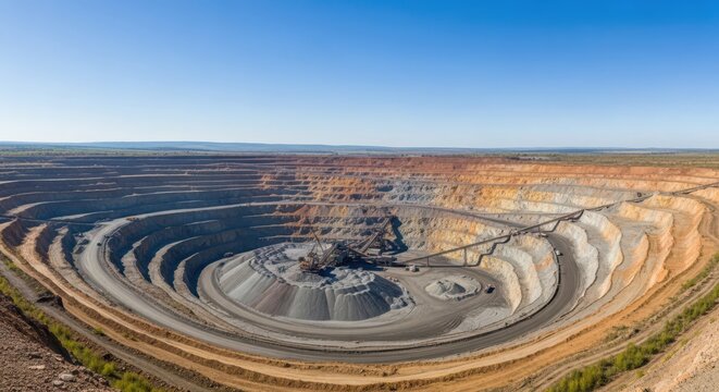 Expansive open-pit mining landscape with deep excavation and heavy machinery under a clear blue sky