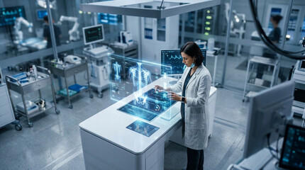 Fototapeta premium Female Scientist Using Futuristic Holographic Interface for Human Anatomy Analysis in High-Tech Lab
