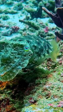 View of a camouflaged cuttlefish resting on a vibrant coral reef, showcasing its textured skin and unique patterns in the clear waters of Bali, Indonesia.