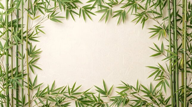 Elegant green bamboo branch border forming a decorative frame with white space botanical background copy-space