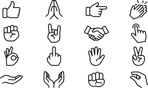 Hand gestures and signals line art vector icon set, black outline thumbs up, praying hands, handshake, and peace sign
