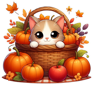 A cat peeking out of a basket of apples and pumpkins, cozy harvest cartoon style