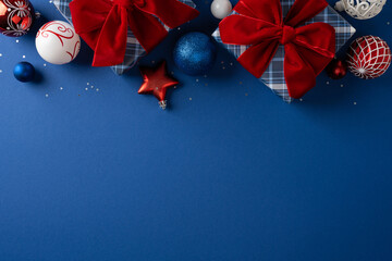 Christmas presents and ornaments with red bows on a blue background for festive holiday greetings © ActionGP